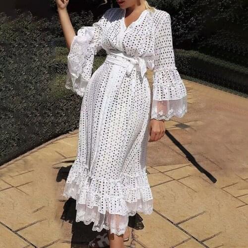 Hollow Out Fashion Spring Women White Dresses Flare Sleeves Good Quality V-Neck Holiday Belt Sashes Lady Long Dress Clothing