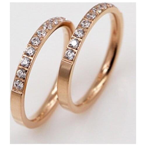 Top!Stainless Steel Rose Gold-Color Rhinestones Micro Inlays 2mm Thin CZ Crystal Ring Women Finger Knuckle Wedding Ring Tail R15