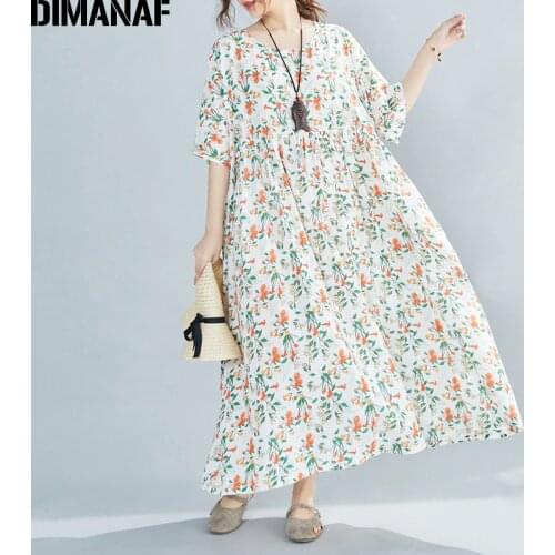 DIMANAF Plus Size Summer Dress Women Vestidos Sundress Beach Flowers Print Long Dress Oversize Cotton 2021 Loose Casual 4XL 5XL