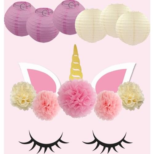 16pcs/Set Baby Baptism Party Decor Gold/Pink/Beige/Tiffany Hanging Unicorn Crafts Ornaments Round Paper Lantern For Kids Event