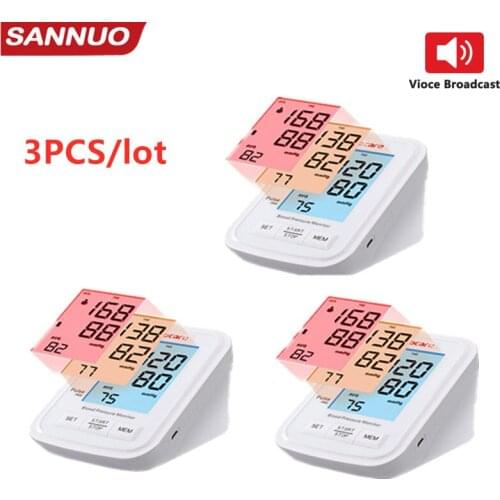Sannuo 3PCS Upgraded Blood Pressure Monitor Automatic BP Machine Heart Rate Pulse Monitor long Cuff Digital 3-color LCD Display