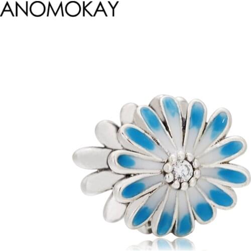 Anomokay Colorful Blue Enamel Dasiy Flower with White Crystal Charm fit Bracelet Big Hole Casual Dasiy Beads for DIY Jewelry