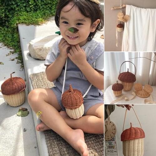 Kids Cute Hand-Woven Rattan Backpack Baby Shoulder Storage Basket Fashion Bags for Girls Rattan XIN-Shipping