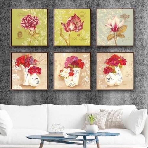 Home Decoration Painting Print Canvas Wall Art Picture Square Poster Unframed Canvas Drawings Pastoral Style Red Flowers