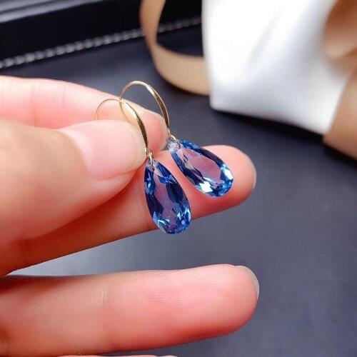Elegant water drop natural blue topaz gem drop earrings Natural gemstone earrings 18k yellow gold girl women party gift jewelry