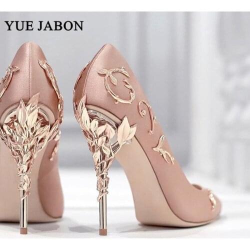 Elegant Silk Women Pumps Leaves Heel High Heels Rhinestone Flower Wedding Shoes Brand Design Pointed Toe shoes woman high heel