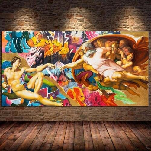 Graffiti Pop Art Canvas Painting Creation of Adam Street Poster and Picture Wall Art Prints for Living Room Home Cuadros Decor