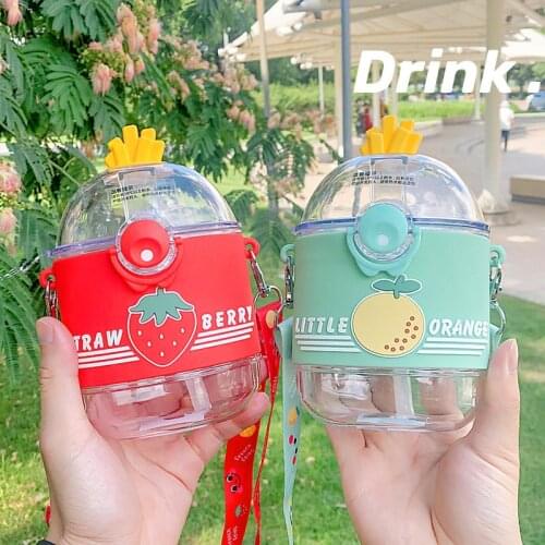 Creative Plastic Cup Fruit Strawberry Peach Water Bottle With Rope Cover Flat Portable Leakproof Straw Kettle BPA Free Drinkware