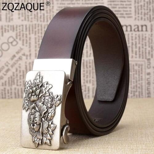 Chinese Peony Flower Designer Automatic Buckle Leather Belts For Men Fashion All-match Luxury Straps True Leather Cintos SY1786