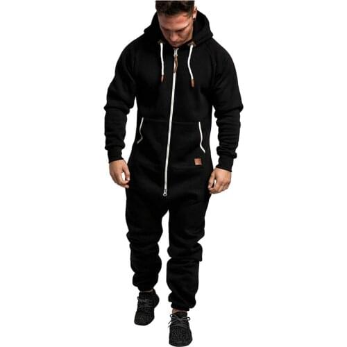 Men Hooded Jumpsuit Zipper Closure Sports Kangaroo Pocket Adjustable Drawstring Ribbed Closing Keep Warm Autumn Clothing