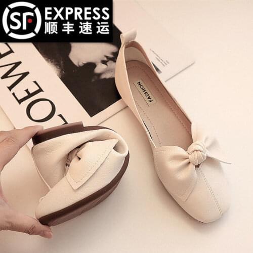 2021 New Large-size Flat-bottomed Womens Shoes with Square Toe Bow and Pedal Peas Shoes Simple Style