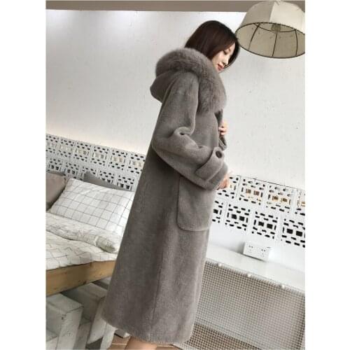 Real Coat Women Sheep Shearing Overcoat Genuine Fox Fur Collar Female Long Hooded Wool Winter Jacket Abrigo Mujer LX2599