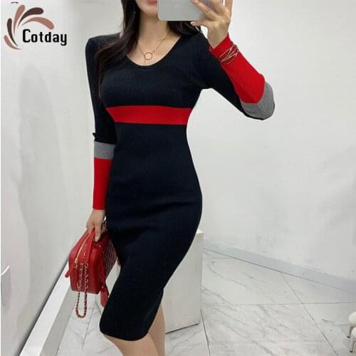 Cotday V-neck Dot Full Sleeve Patchwork Knitted Casual Sheath Female 2020 New Ladies Winter Women Sweater Knee-Length Dress