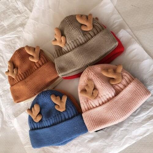 Woolen Hat Female Autumn and Winter Double Layer Plus Velvet Antlers Knitted Hat Student Cute Ear Protection Warm Hat