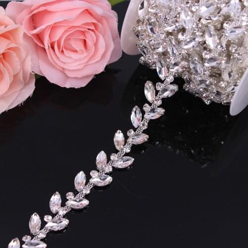 2.1CM Width Silver Crystal Wedding Dress Belt Bridal Chain Trim Horse-Eye shape Rhinestone Trim Sew on Garments DIY Clothes