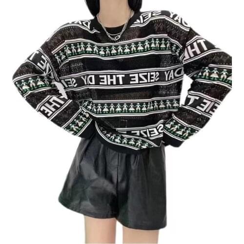 Europe Station Sweater Women Autumn Pullover Letter Vintage Fashion Sweater O-Neck Casual Ladies Color Contrast Top TT0006