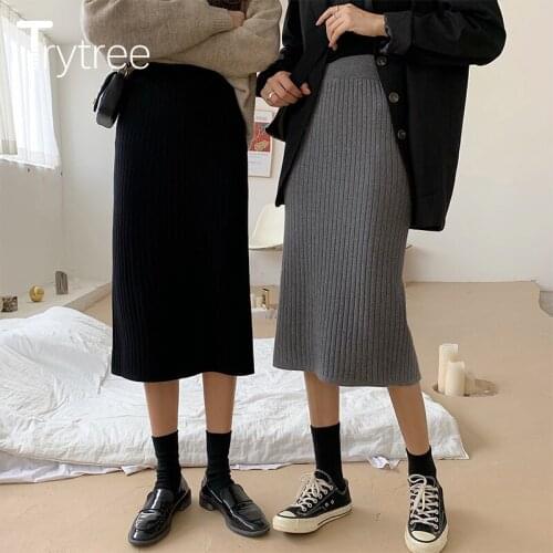 Trytree 2020 Spring Women Skirt Casual Solid 2 Solid Split hem Knitting A-line All-Purpose Style Office Lady Mid-Calf Skirt