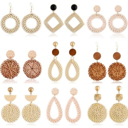 MIQIAO Rattan Dangle Earrings for Women Girls Piercing Boho Handmade Woven Straw Wicker Braid Lightweight Geometric Pendientes