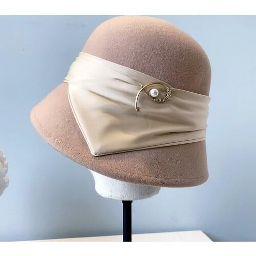 High Quality Retro Upturn Brim Women Fedoras Hat Pearls Ribbon Warm Wool Winter Hat Cloche Church Wedding Hat Bowler Hat