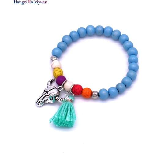 Jewelry Bracelet Bohemian Style Natural Wood Beads Handmade Beads Bracelets for Women Tassel Alloy Bull Head Bracelet Jewelry