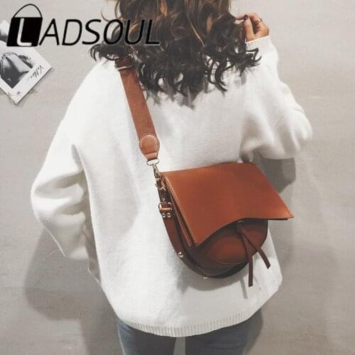 LADSOUL Vintage Wide Strap Saddle Crossbody Bags For Women Trendy Half Moon Large Capacity PU Leather Shoulder Messenger Bags