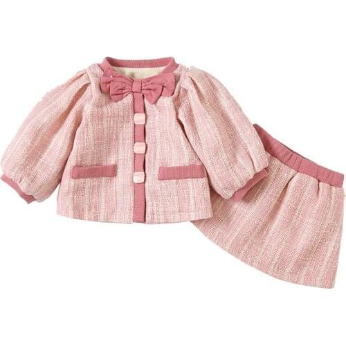 Girls O-neck Long Sleeve Bowtie Decor Thick Fleece Winter Wool Sets Cute Style Casual Fashion Warm Keeping Sets