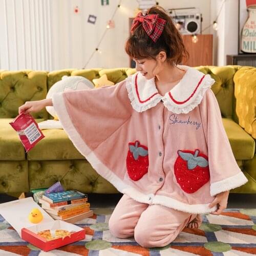 Winter Pyjamas Flannel Pajamas Women Sleepwear Coral Fleece Nightgown Doll Collar Loose Version Batwing Keep Warm
