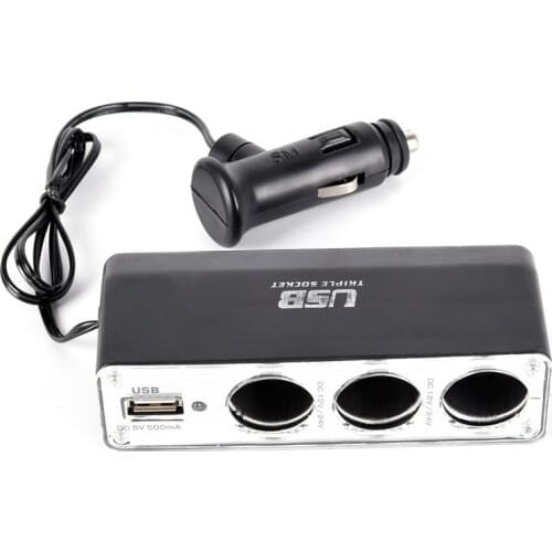 1pcs Triple Socket Splitter Cigarette Lighter Adapter Plug & USB Port 3 Way Charger