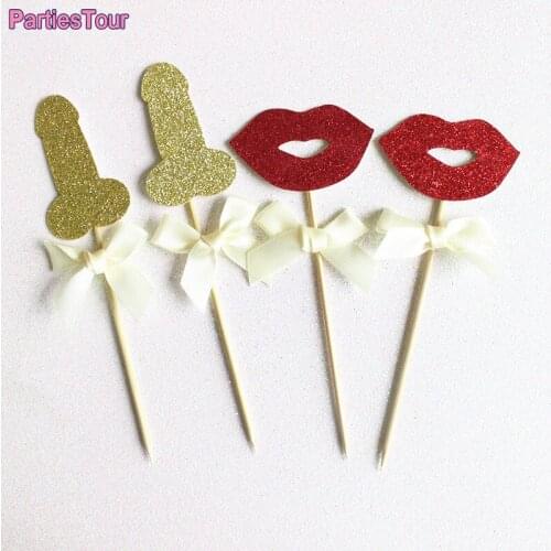 10X Glitter Willy Penis Cake Topper Red Lips Cupcake Decor Gender Picks for Hen Party Bridal Shower Decor Bachelor Party Suppies