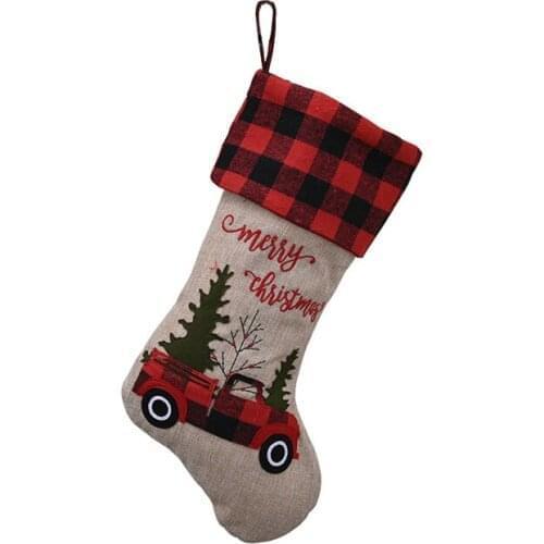 4 Pcs Christmas Stocking 18" Embroidered Linen Buffalo Plaid Red Truck Hooked Xmas Stocking Holiday Decorations Wholesale X2