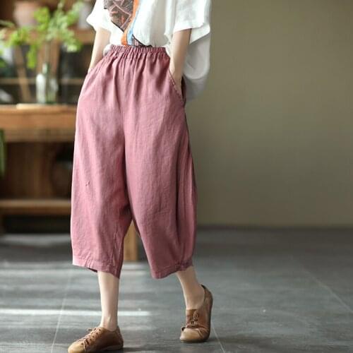 Retro Cotton Linen Elastic High-Waist Pants All-Match Nine-Point Women Summer Autumn Thin Loose Big Size Wide-Leg Pants