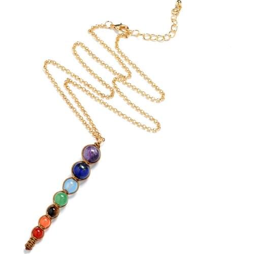 Handmade Woven Chakra Stone Pendant Necklace Gold Color Sweater Chain Healing Balance Reiki Amethysts Rainbow Stone Necklaces