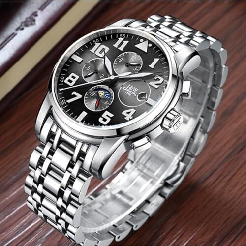 Top Luxury Automatic Mechanical Watch Men Fashion Silver Black Full Steel Watch Fashion Calendar Moon Phase Business Mens Clock