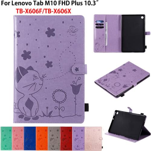 Case For Lenovo Tab M10 FHD Plus 10.3 inch Cover TB-X606F TB-X606X Funda Tablet Cat Bee Embossed Flip Stand Shell Coque +Gift
