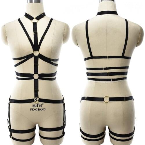 JLX.HARNESS Black Goth Sexy Lingerie Set Bodysuit Harness Body Cage Open Chest Bra Bondage Stocking Leg Garter Belt Body Harness