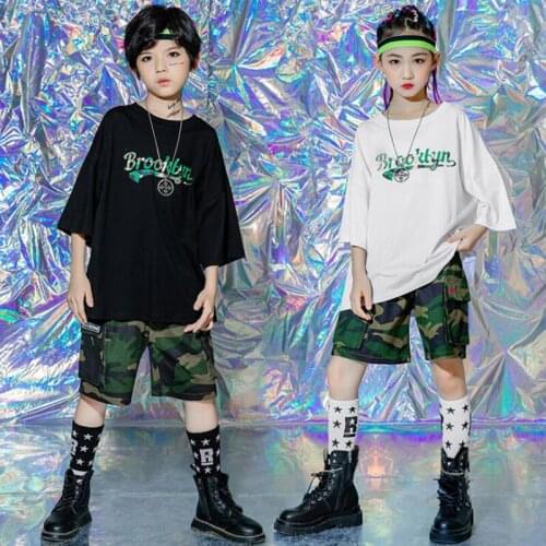 Kids Hip Hop Concert Clothing Graphic Tee T Shirt Tops Streetwear Camo Military Cargo Shorts for Girls Boys Jazz Dance Clothes