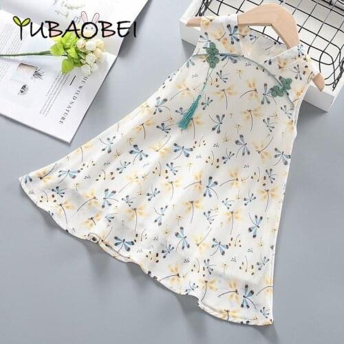 Girl Cheongsam Dresses 2020 Summer Children Sleeveless Chinese Style Dress Kids Princess Chiffon Printed Dresses Party Clothing