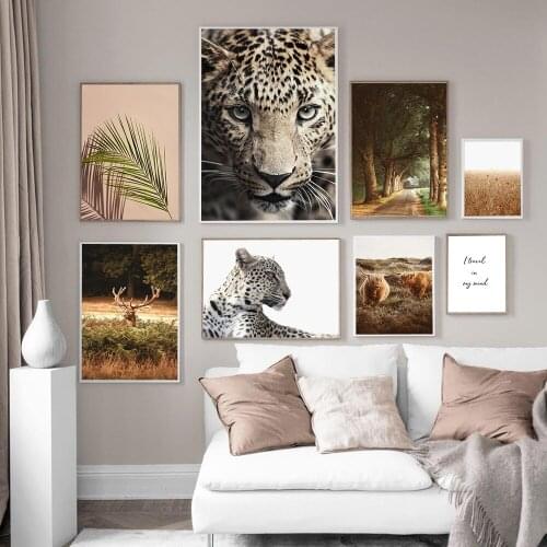 Highland Cattle Leopard Deer Landscape Wall Art Canvas Painting Nordic Posters And Prints Wall Pictures For Living Room Decor