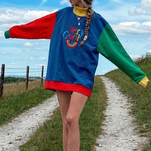 Echoine Women Hoodie Pullovers Fashion Contrast Color Patchwork Lettered Embroidered Sports Loose Turtleneck Casual Sweatshirt