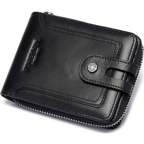 Cowhide Leather Wallet for Men Large Capacity ID Window Card Case with Zip Coin Pocket 066F