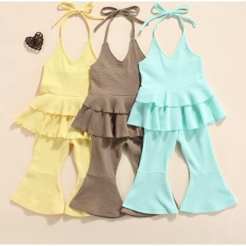 2Pcs Toddler Girl Summer Outfits, 2021 New Fashion Sleeveless Solid Color Halter Tops + Flare Pants Childrens Sets