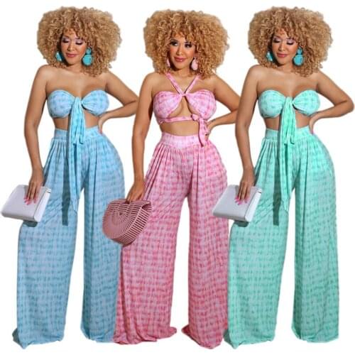 Summer Beach wear Print Two Piece Set Women Sexy Cross Bandage Crop Top + Wide Leg Pants Club 2 Piece Set Outfits Women Clothing