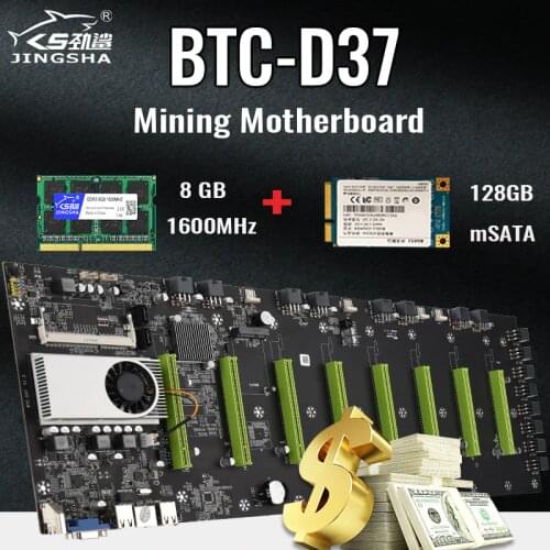 Mining Motherboard 8 GPU Slot Pitch 55mm Bitcoin Crypto Etherum Mining Set Kit Combo with 8GB DDR3 1600MHz RAM 128GB mSATA SSD