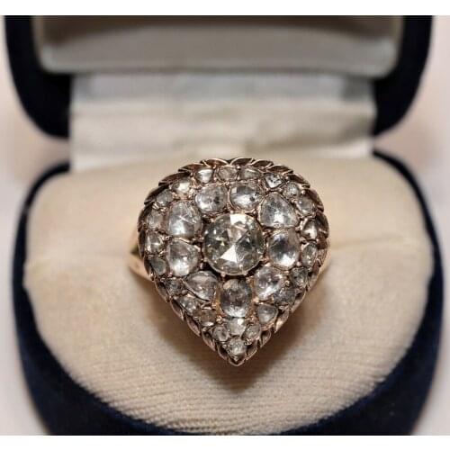 ANTIQUE ORIGINAL 8K GOLD NATURAL ROSE CUT DIAMOND DECORATED HEART STYLE RING
