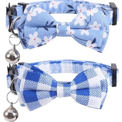 Breakaway Blue Cat Collar with Bell and Bowtie Floral Patterns Adjustable Safety Plaid Kitten Collars for Kitty Pet Small Dogs