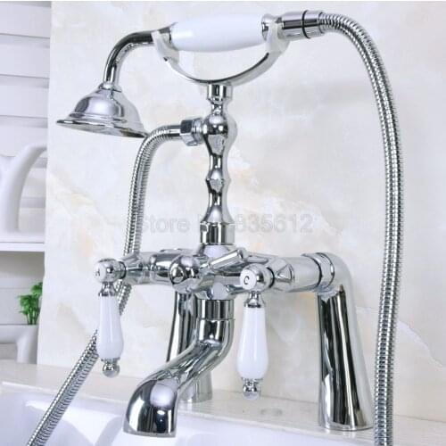 Polished Chrome Bathroom Shower Faucet Deck Mounted Bathtub Faucets Dual Handle Mixer Tap with Hand Spray tna112
