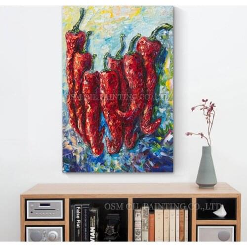Professional Artist Hand-painted High Quality Low Price Chili Oil Painting On Canvas Hot Pepper Painting For Kitchen Decoration