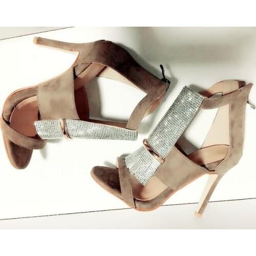 Real Photo Newest Beige Suede Leather Cut-out Crystal Front High Heel Sandals Back Zipper Women Cage shoes woman Thin Heel