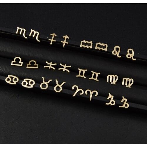 Carved Silver Color Zodiac 12 Constellation Stud Earrings For Women Leo Libra Aries Gold Round Earrings Female Birthday Gifts