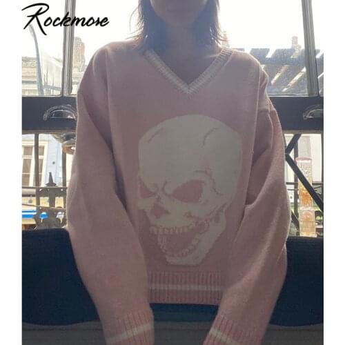 Rockmore Skull Print V Neck Sweaters Women Plus Size Full Sleeve Cardigans Baggy Streetwear Contrast Color Jumpers Autumn Winter